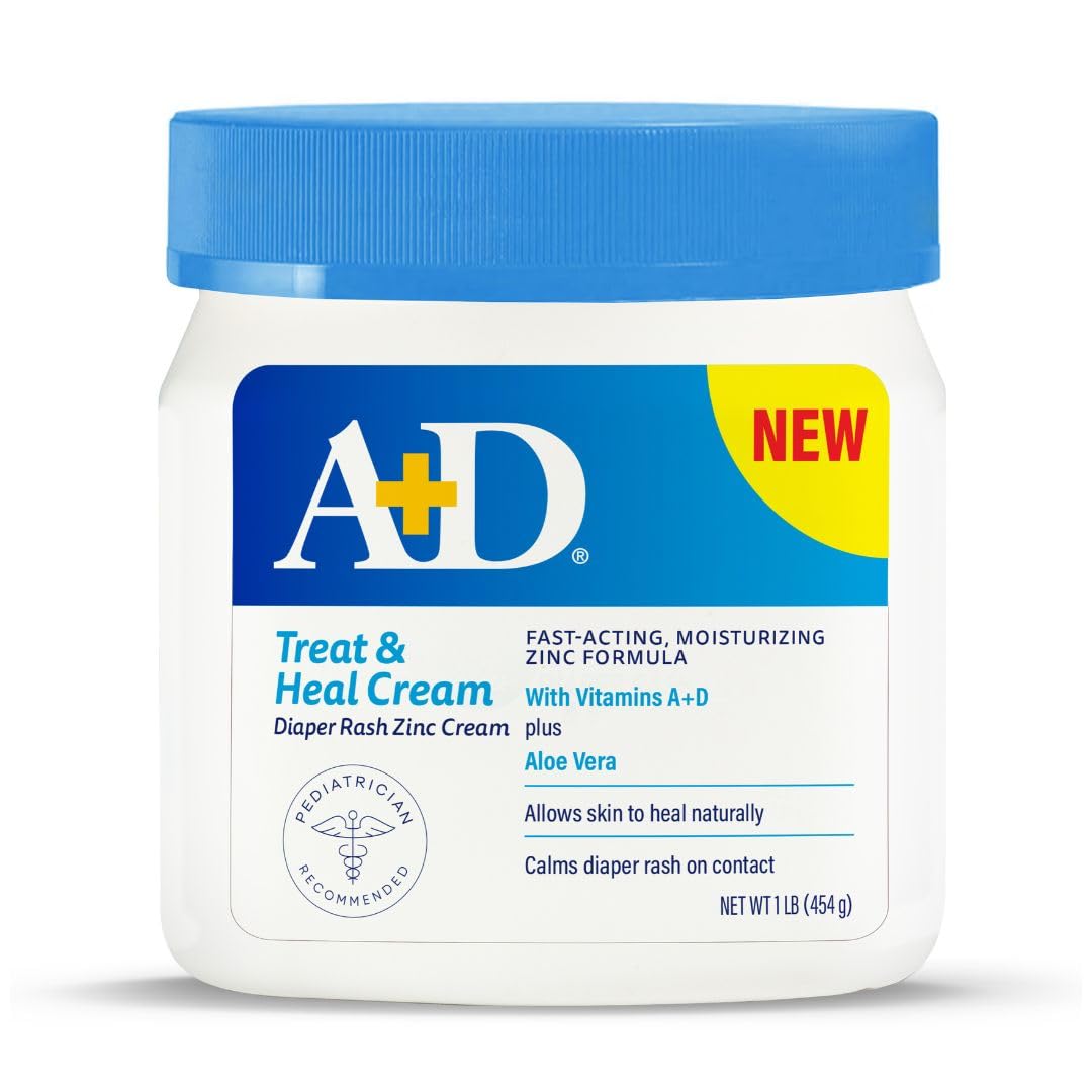 A+D Treat & Heal Zinc Oxide 10% Diaper Rash Cream, 16 oz Jar