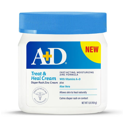 A+D Treat & Heal Zinc Oxide 10% Diaper Rash Cream, 16 oz Jar