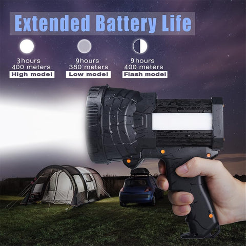 YIERBLUE Rechargeable Spotlight, Super Bright 2000,000 High Lumen LED Handheld Spotlight Long Lasting Large Flashlight Searchlight and Flood Camping Flashlight with Foldable Tripod Black