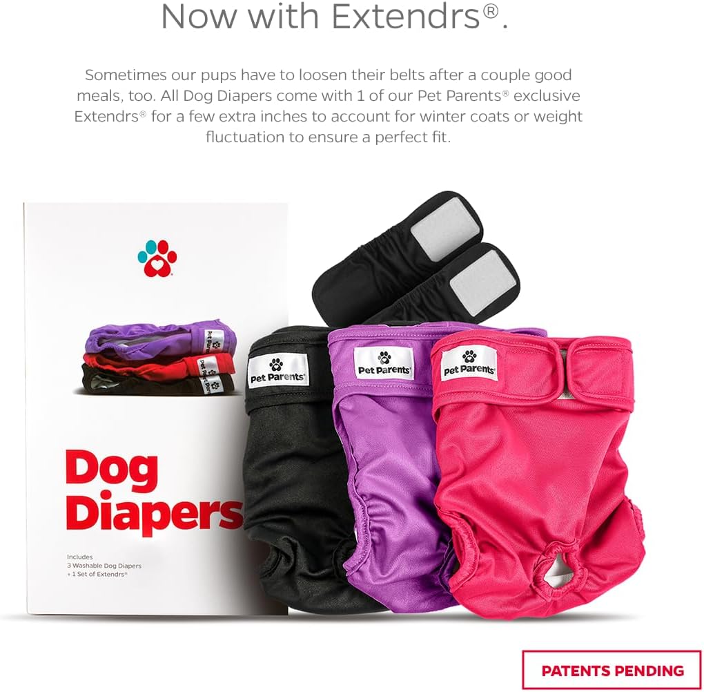 Pet Parents® Washable Dog Diapers (3pack) + Extendrs® of Durable Doggie Diapers, Premium Dog Diapers Female (Large, Princess)