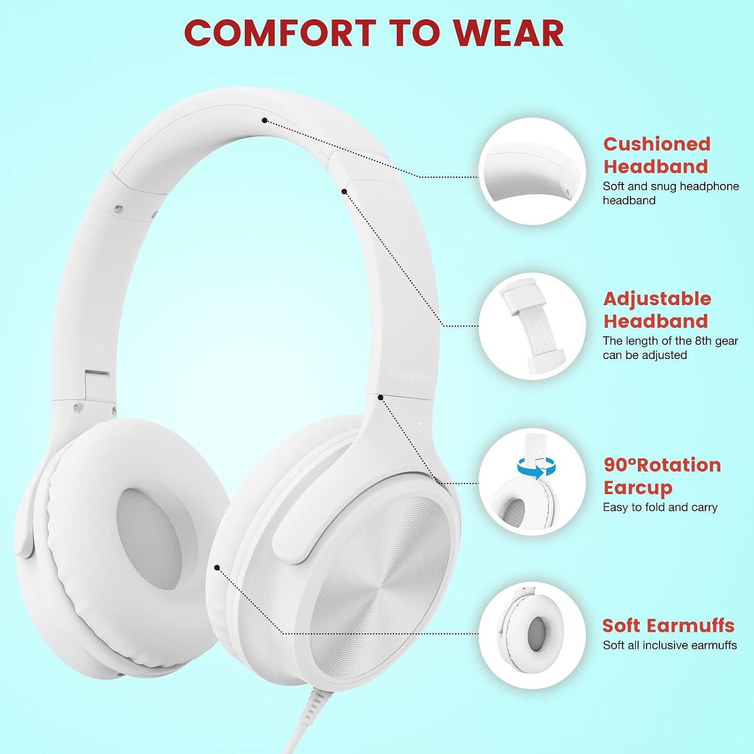 Cowyawn USB C Headphones Wired, Over Ear USB C Wired Headphones with Microphone, Volume Control, HD Stereo Sound, Foldable USB Type C Headphone for Adult/Teens/Laptop/Computer/iPhone 15/16/17, White