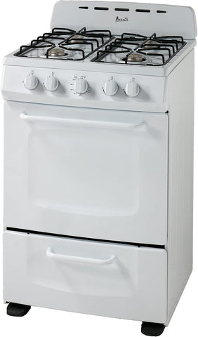 Avanti Gas Range Oven, Compact Freestanding Design, 2.6-Cu.Ft. Capacity 4 Sealed Burners with Electronic Ignition, Includes Broiler Storage Drawer and Accessories, 24-Inch, White