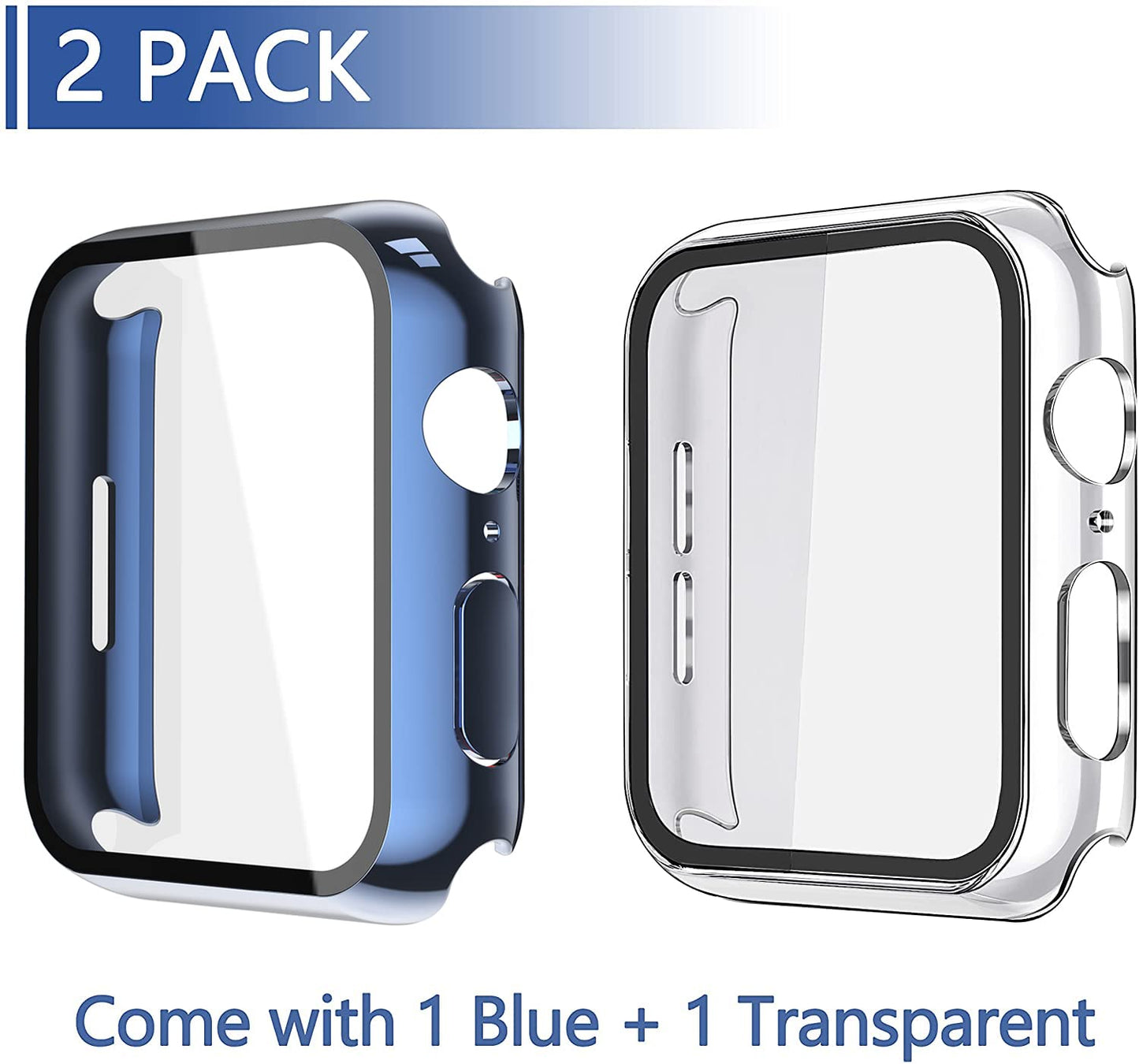 Misxi 2 Pack Hard PC Case with Tempered Glass Screen Protector Compatible with Apple Watch Series 9 (2023) Series 8 Series 7 45mm, Ultra-Thin Cover for iWatch S9/S8/S7, 1 Blue + 1 Transparent