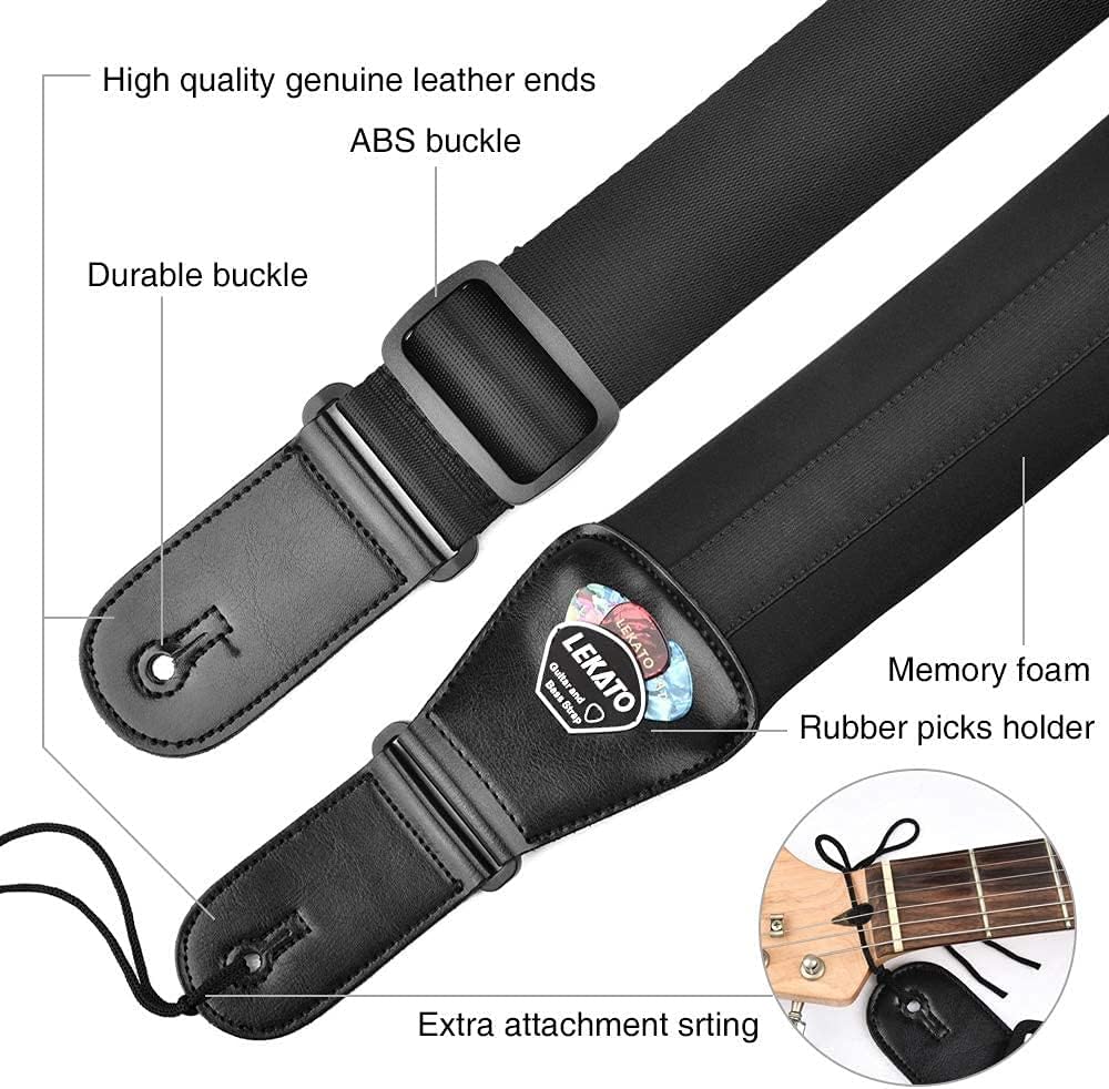 LEKATO Bass Guitar Strap for Electric Guitar & Bass 3" Wide Guitar Straps Padded Bass Guitar Strap Adjustable Length from 38" to 47" Bass Guitar Straps with Pick Holder 2 Safety Strap Locks & 6 Picks