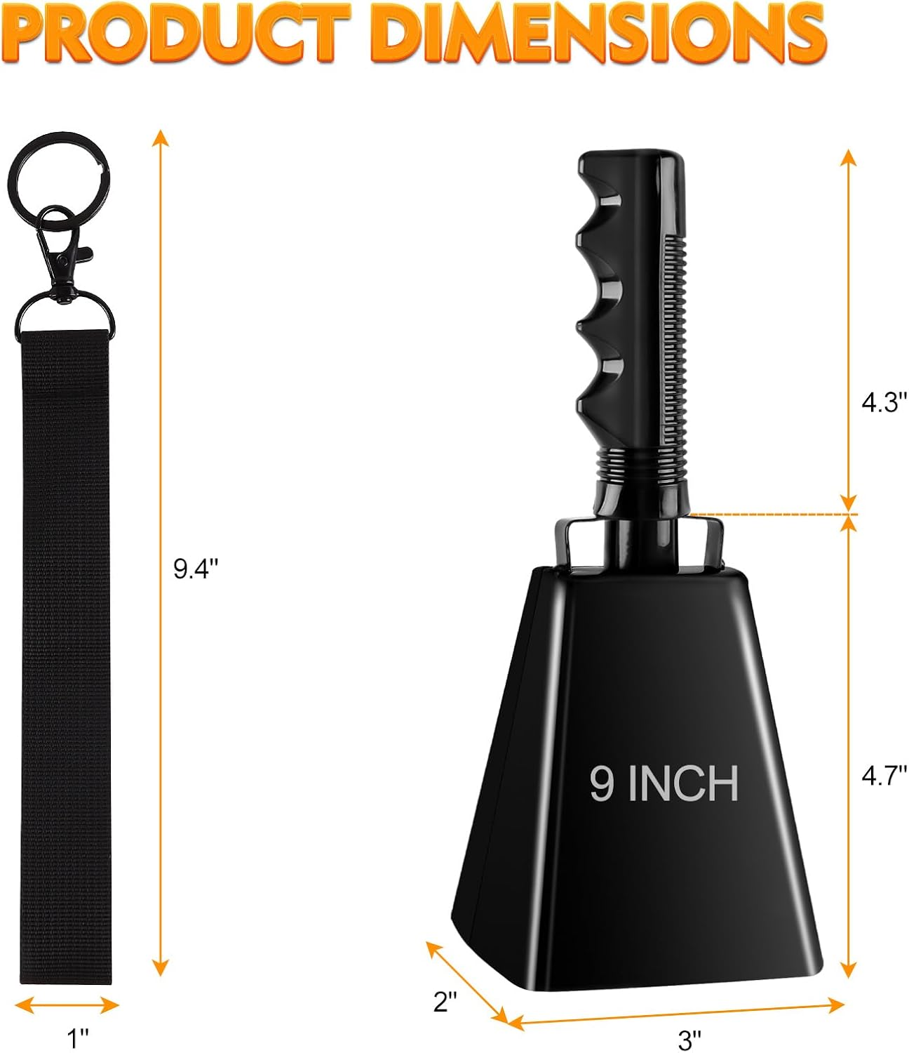 cyrico Cow Bell, 9 Inch Cowbells for Sporting Events, Metal Steel Cowbell with Handle, Loud Noise Makers for Football Games, Black Large Hand Bells Cheering Items School Musical Percussion Instruments
