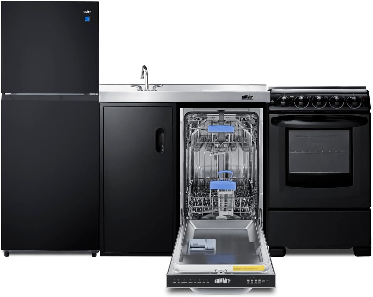 Summit 80" All-in-One Kitchenette, Full Sized Refrigerator-Freezer, Dishwasher, 4-Burner Electric Range, Sink - ACK80HT