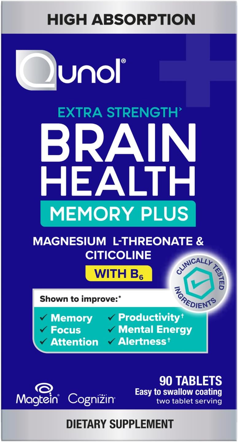 Qunol Brain Health Memory Plus w/Magtein, Cognizin & Vitamin B6, 90ct | Combines Two Clinically Tested, High Absorption Ingredients to Improve Memory, Focus, Attention, Productivity