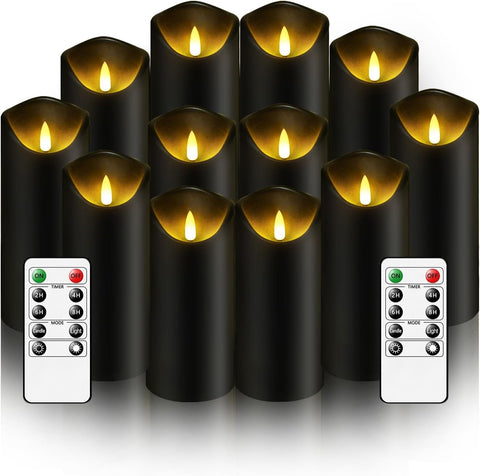 Nimiko Flameless Candles with Remote, Battery Operated Flickering Flameless Candles, LED Candles with Timer 2/4/6/8H, with Realistic LED Candles Set of 12 (D2.2 x H 5" 6" 7") (Black)