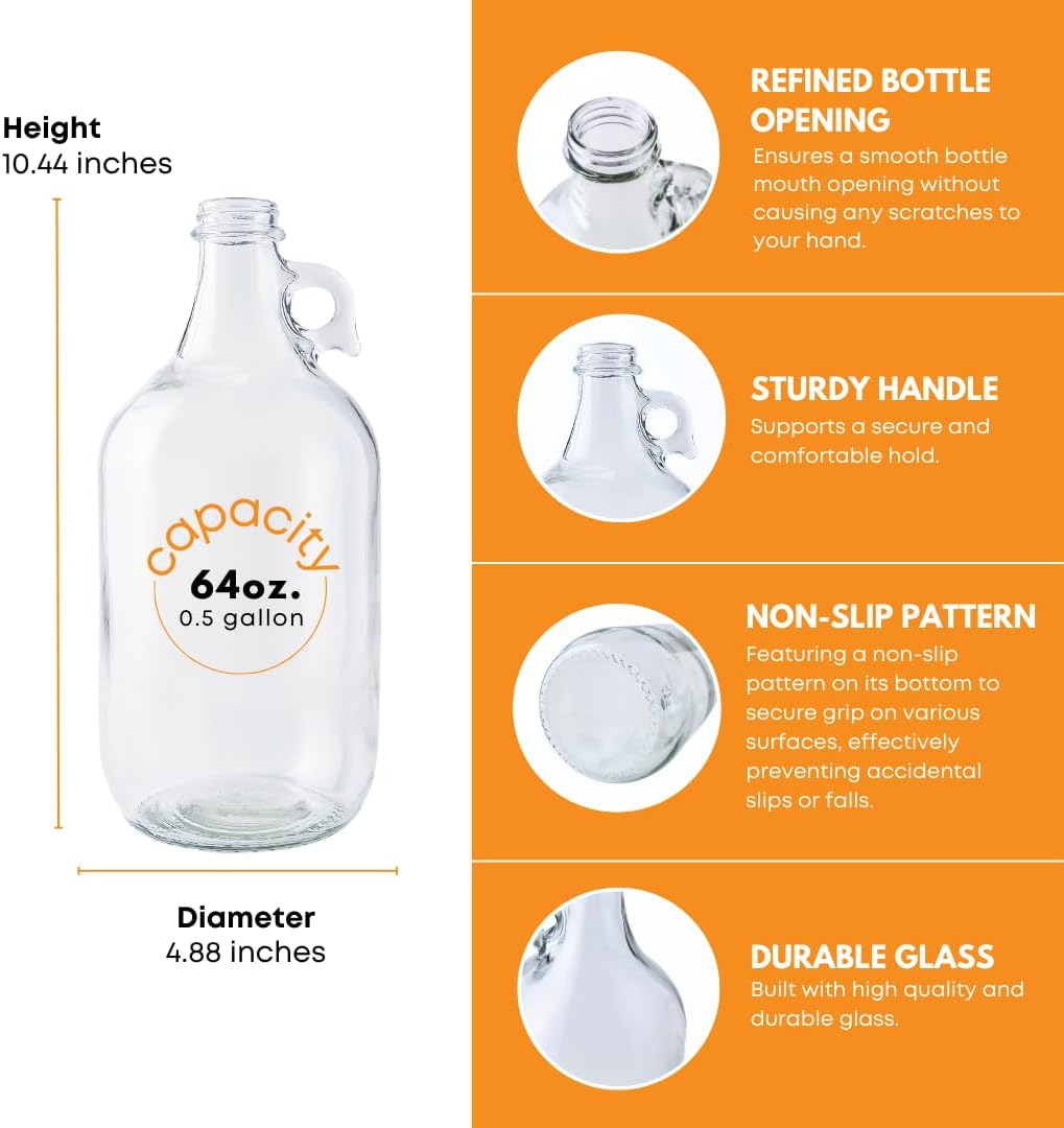 64oz Glass Jug 6-Pack with 18 Polyseal Caps for liquids | Half Gallon Jug