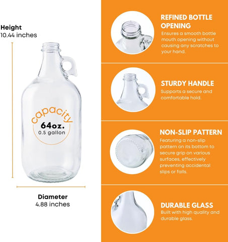64oz Glass Jug 6-Pack with 18 Polyseal Caps for liquids | Half Gallon Jug