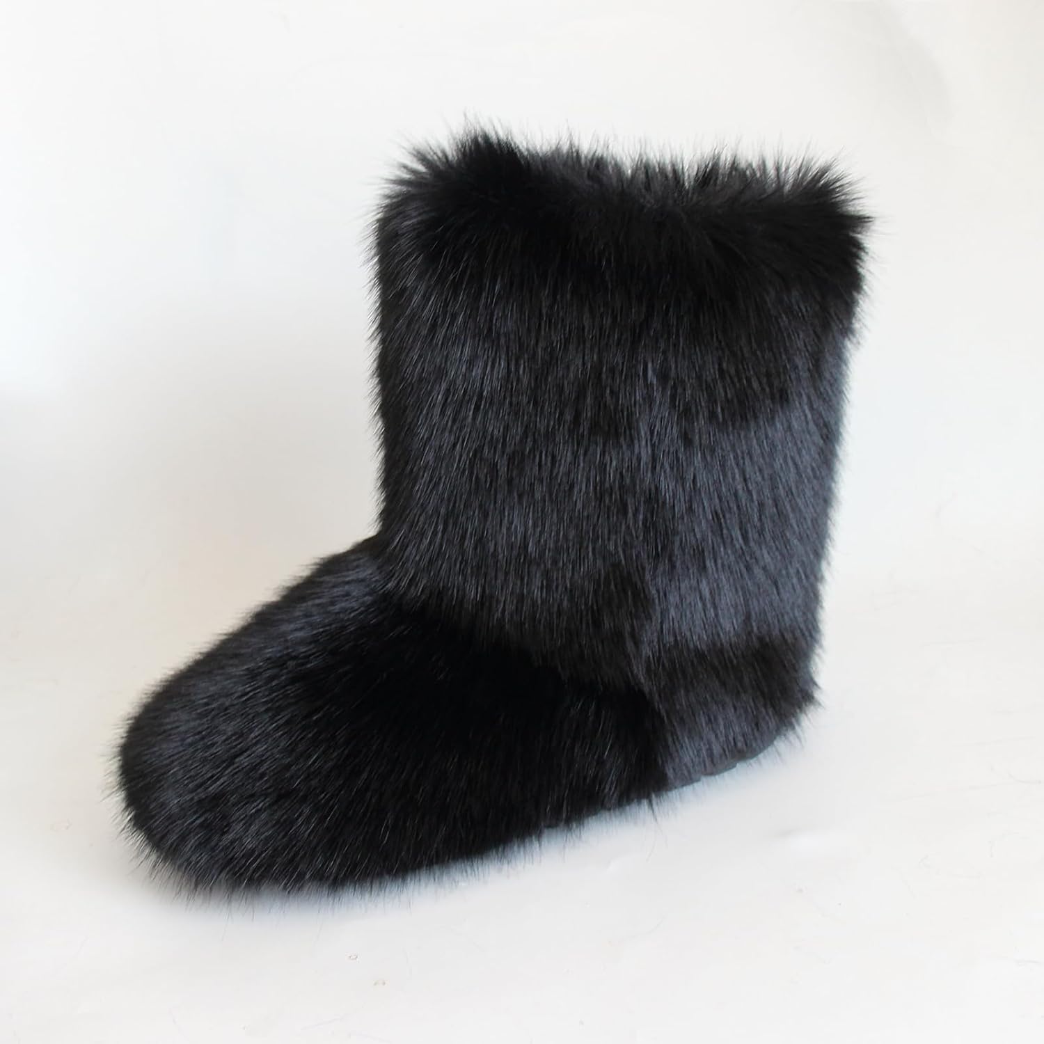 QMFUR Women's Furry Faux Fur Boots Fuzzy Fluffy Mid Calf Snow Boots Suede Warm Fur Lined Booties Flat Fashion Boots