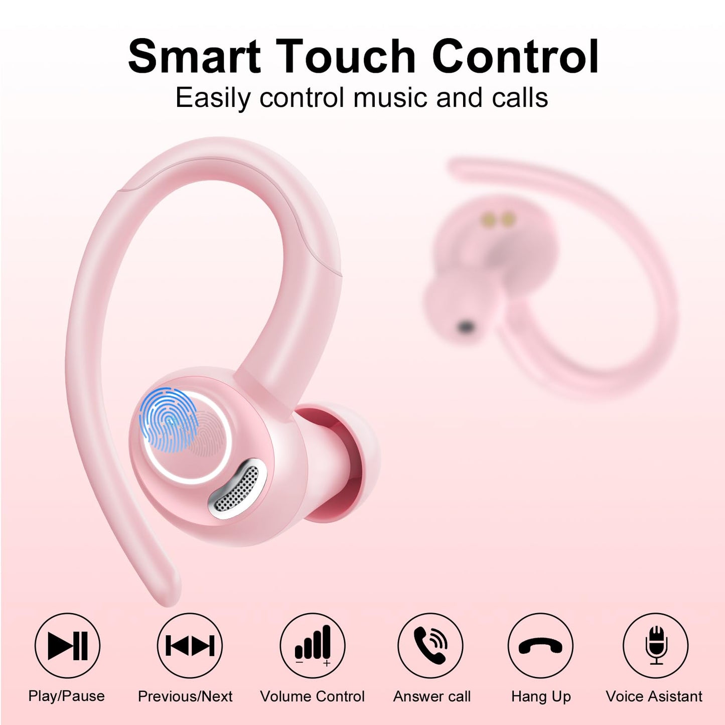 Csasan Headphones Wireless Earbuds Sport, Bluetooth 5.3 Over Ear Buds Stereo Deep Bass Headset with Earhooks, 48H Wireless Earphones with HD Mic, IP7 Waterproof Earbud for Sports/Running/Workout Pink