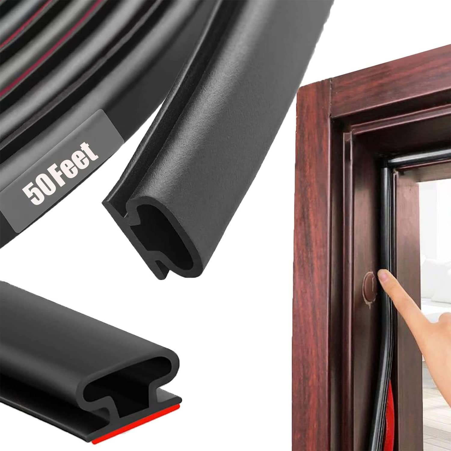Black Rubber Weather Stripping Door Seal Strip, D Shape Door Rubber Weather Seal Strip, SelfAdhesive Weatherstripping Soundproofing Doors Sealing Strip for Windows (50 feet, Black)