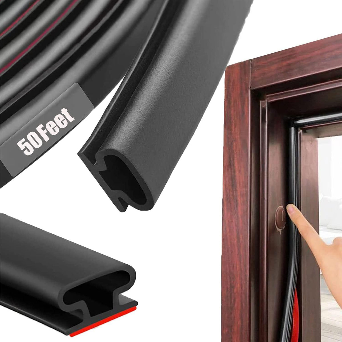 Black Rubber Weather Stripping Door Seal Strip, D Shape Door Rubber Weather Seal Strip, SelfAdhesive Weatherstripping Soundproofing Doors Sealing Strip for Windows (50 feet, Black)