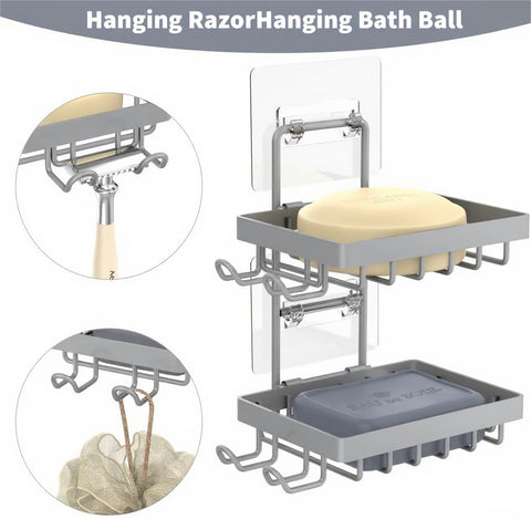 Moforoco Grey Double Soap Bar Holder for Shower, No Drilling, 304 Rustproof Stainless Steel, Wall Mounted Soap Holder with 4 Hooks and Razor Holder, Shower Rack Soap Tray Bar Soap for Bathroom