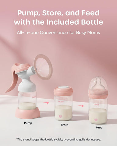 Nuliie 8010 Manual Breast Pump, Adjustable Suction with Temperature-Indicating Bottle, 6oz Wide-Neck Bottle, Narrow-Neck Adapter, Hand Pump Breastmilk with Flanges, BPA-Free, Heat Resistant