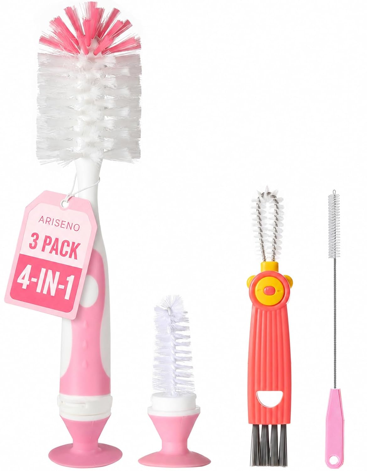 Ariseno 3-Pack 4-in-1 Baby Bottle Brush Set, Pink