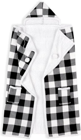 Premium Wearable Hooded Blanket for Adult Women and Men 71"x51" - Super Soft, Lightweight, Microplush, Cozy and Functional Throw Blanket Buffalo Plaid White/Black