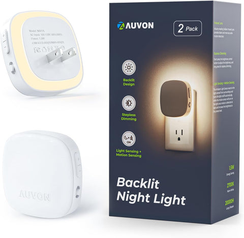 AUVON Plug-in LED Backlit Night Light, Motion & Dusk to Dawn Sensor, 2-Pack