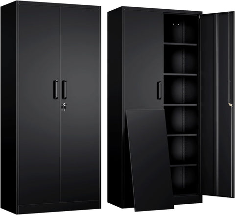 Yizosh Metal Garage Storage Cabinet with 2 Doors and 5 Adjustable Shelves - 71" Steel Lockable File Cabinet,Locking Tool Cabinets for Office,Home,Garage,Gym,School (Black)