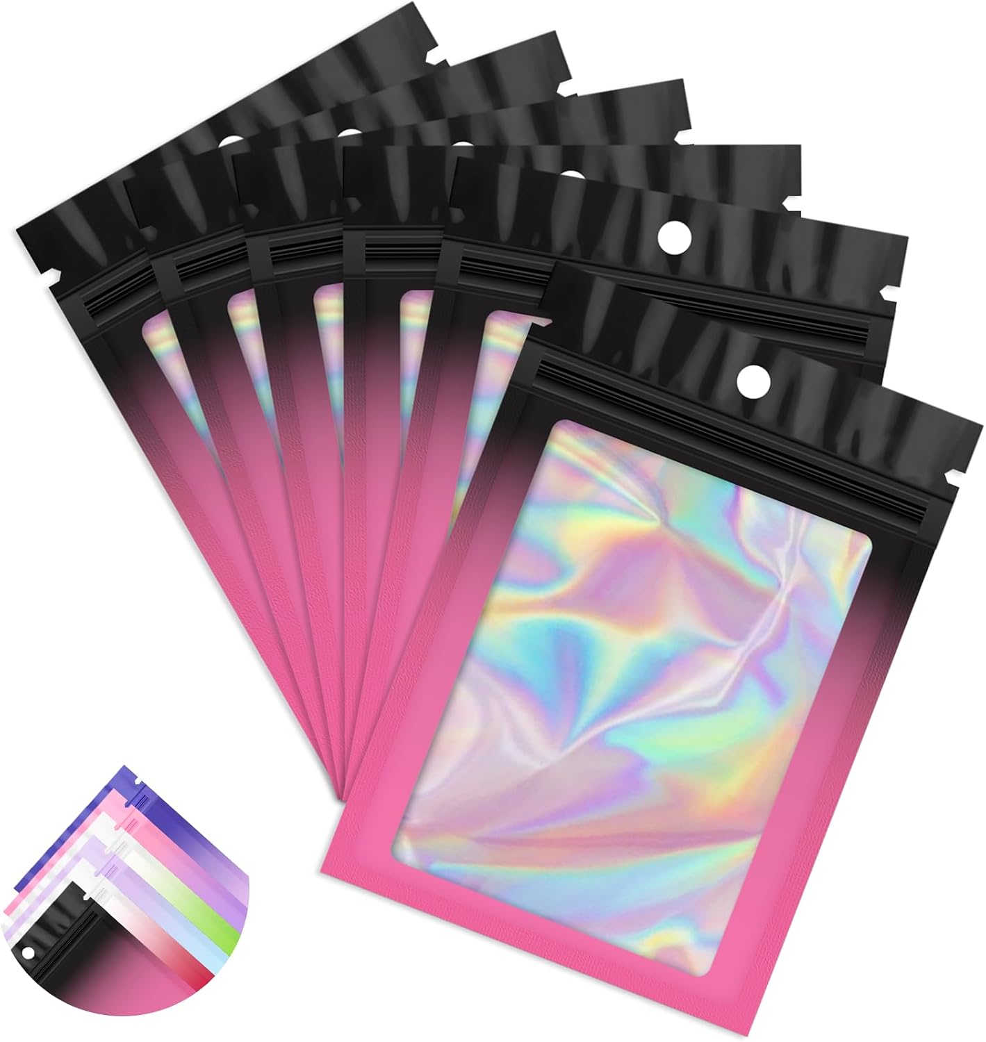 Funfery 100 Pc Black&Pink Color Mylar Holographic Bag Foil Zipper Clear Bag