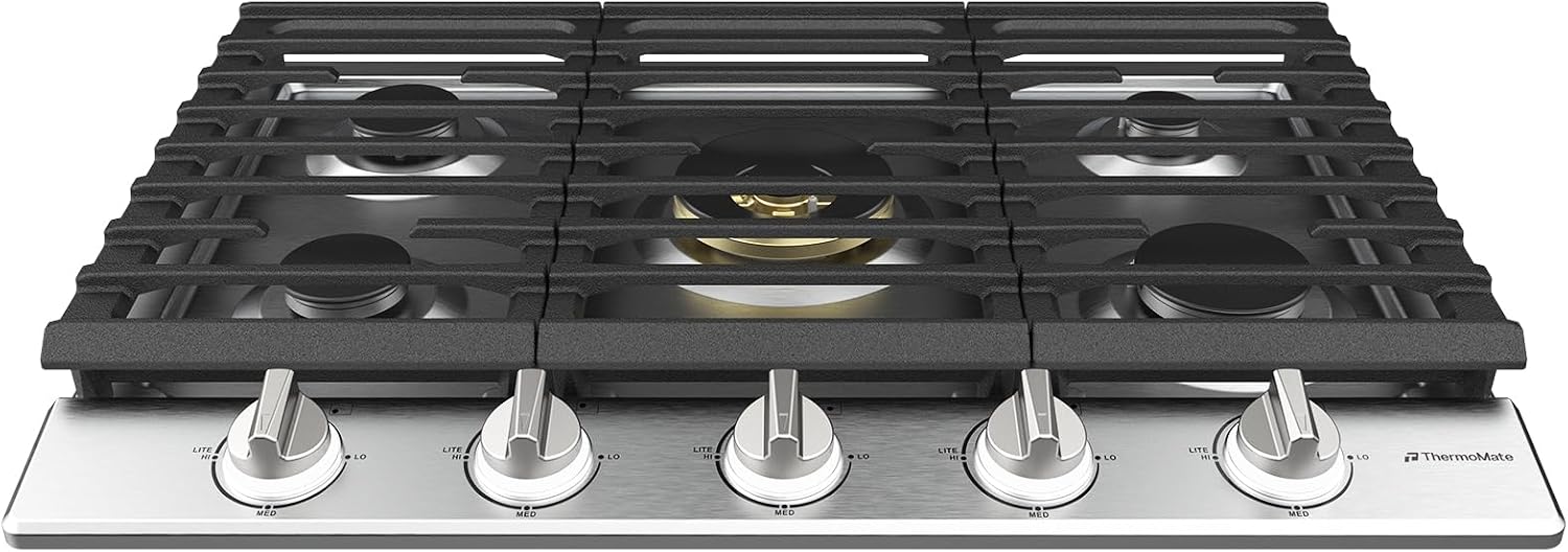 ThermoMate 30 Inch Gas Cooktop, Ultra-Heavy Commercial Grade Grates, 52,000 BTU 5 Italy Sabaf Burners, Gas Stove Top with Solid Copper Center Burner Base, LED Backlit Knobs, NG/LPG Convertible