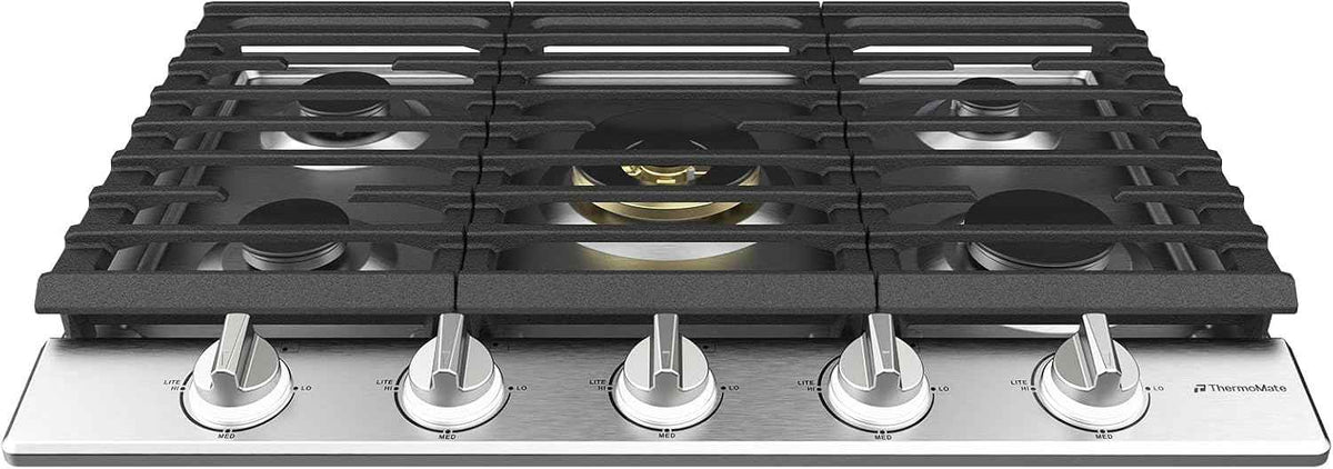 ThermoMate 30 Inch Gas Cooktop, Ultra-Heavy Commercial Grade Grates, 52,000 BTU 5 Italy Sabaf Burners, Gas Stove Top with Solid Copper Center Burner Base, LED Backlit Knobs, NG/LPG Convertible