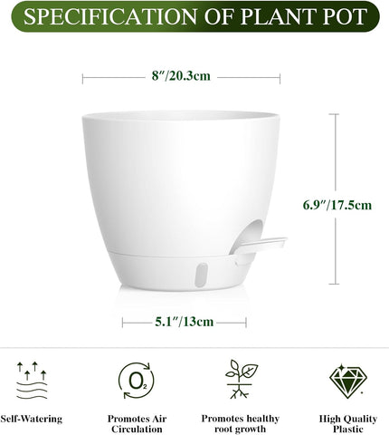 Self Watering Pots with Drainage Holes, 2 Pack 8 Inch Plant Pots with Water Level Indicator Deep Reservoir, Large Plastic Planter for Indoor Outdoor Plants - White