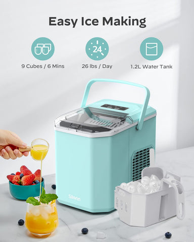 Silonn Ice Maker Countertop, Portable Ice Machine with Carry Handle, Self-Cleaning Ice Makers with Basket and Scoop, 9 Cubes in 6 Mins, 26 lbs per Day, Ideal for Home, Kitchen, Camping, RV