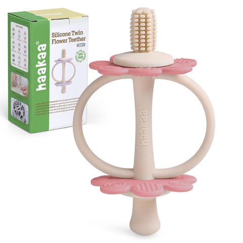 Haakaa Silicone Twin Flower Teether for 3M+ Babies, Easy to Grip, Rosehip