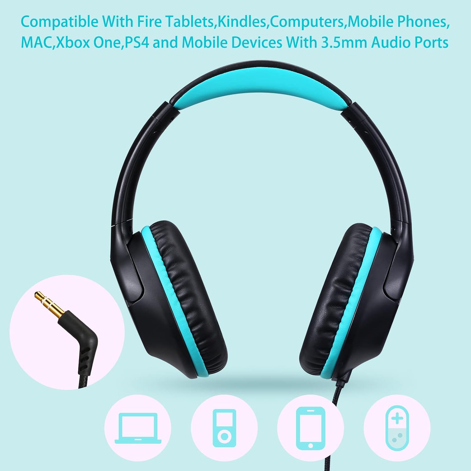 POWMEE Kids Headphones Over-Ear Headphones for Kids/Teens/School with 94dB Volume Limited Adjustable Stereo 3.5MM Jack Wire Cord for Fire Tablets/Travel/PC/Phones(Black)