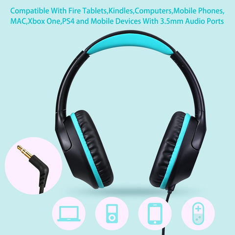 POWMEE Kids Headphones Over-Ear Headphones for Kids/Teens/School with 94dB Volume Limited Adjustable Stereo 3.5MM Jack Wire Cord for Fire Tablets/Travel/PC/Phones(Black)