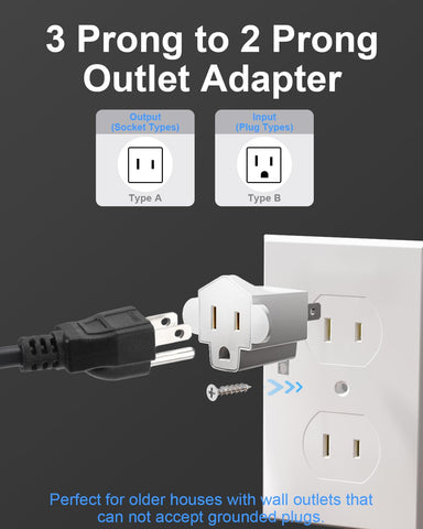 Portable 3 Prong to 2 Prong Outlet Adapter, Fireproof 392℉ 3-2 Prong Adapter Converter, Heavy Duty Wall Plug Adapter for Household Appliances Industrial, 1875W Max, 4 Packs