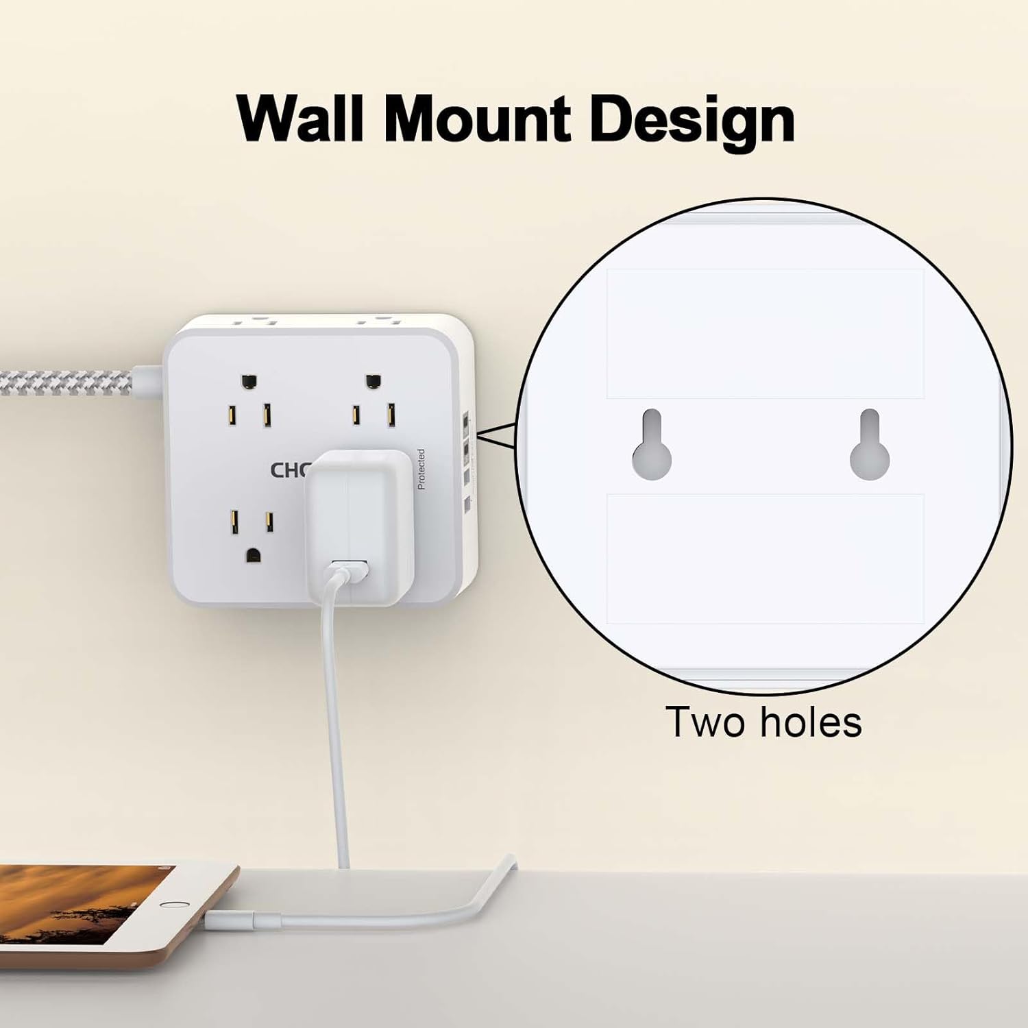 Surge Protector Power Strip - CHCORE 5Ft Braided Extension Cord with 8 Outlets with 4 USB (2 USB C) Charging Ports, Flat Plug Multi Plug Outlet Extender Charging Station for Home Office, ETL, White