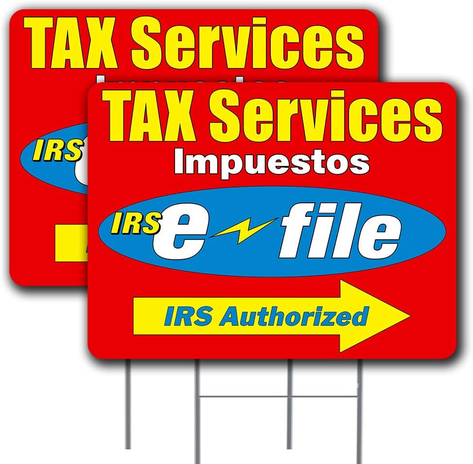 Tax Services E-File Arrow 2 Pack Double-Sided Yard Signs 16" x 24" with Metal Stakes (Made in the USA)
