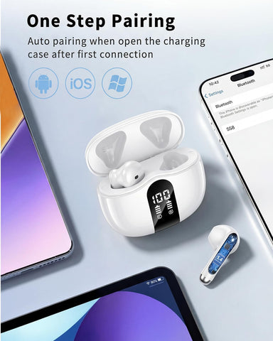Wireless Earbuds, 2026 Bluetooth 5.4 Headphones Bass Stereo Ear Buds with Noise Cancelling Mic, LED Display in Ear Earphones 50H Playtime Ear Buds, IP7 Waterproof for Laptop Pad Phones Bright White