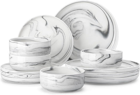 MALACASA 12 Pcs Porcelain Plates and Bowls Sets,Dinnerware Set for 4,Grey