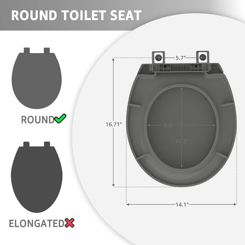 Toilet Seat Round 16.5 Inch with Quick Release-Quick Connect. White Round Toilet Seat with Soft Close. PP Material Safe, Easy Clean and Install, Sturdy Accessories Never Loosen,2 Years Support, Grey