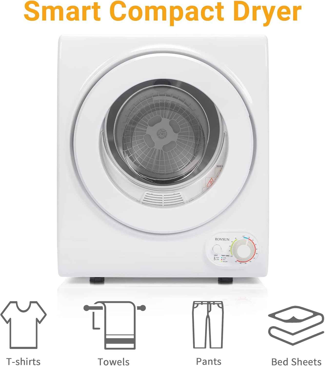 Bonnlo Portable Clothes Dryer, Front Load Electric Dryers Machine, Compact Laundry Dryers with Stainless Steel Tub, for Home, Apartment, Dorm, White (Classic Knob Control)