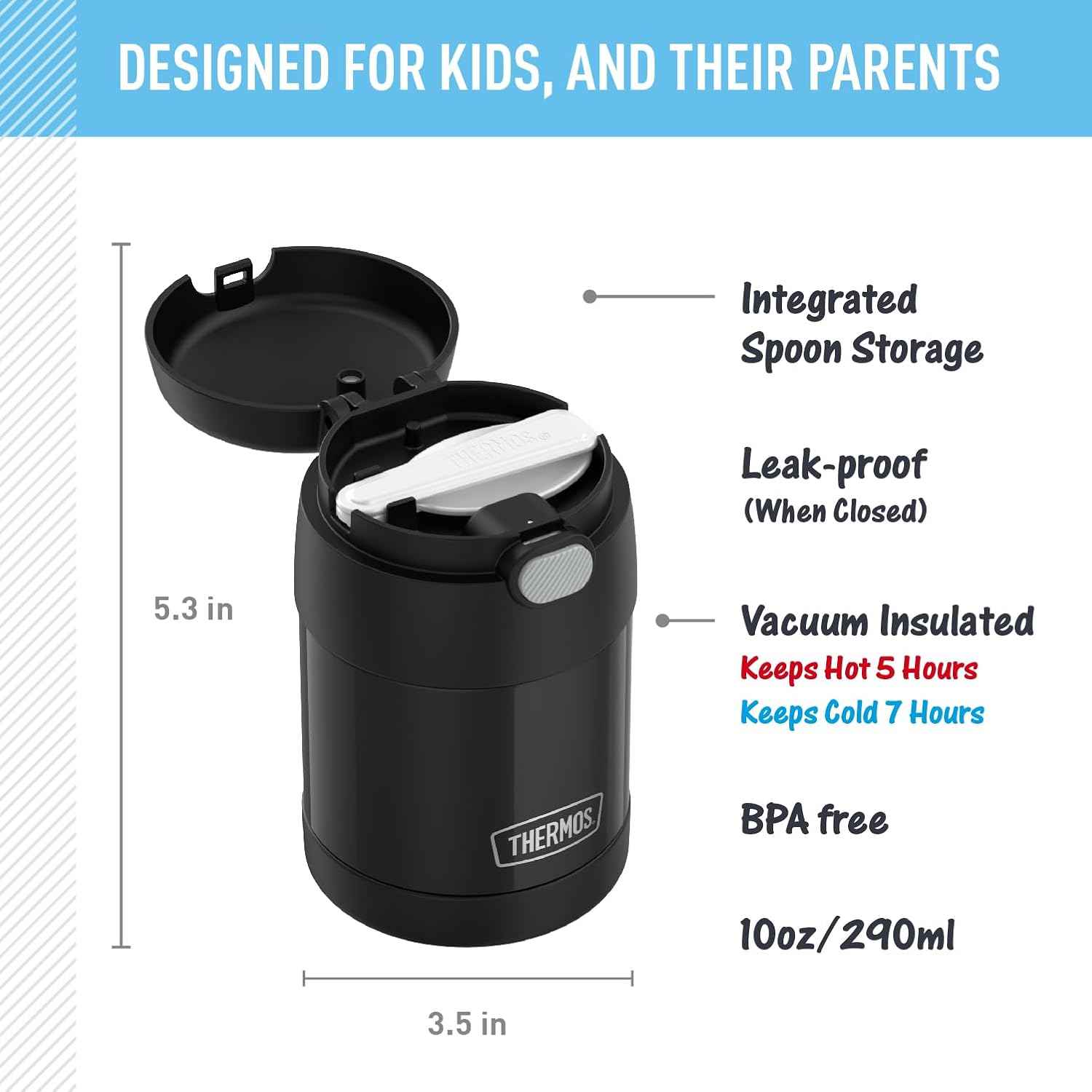 THERMOS FUNTAINER Kids Food Jar with Spoon, 10oz, Black