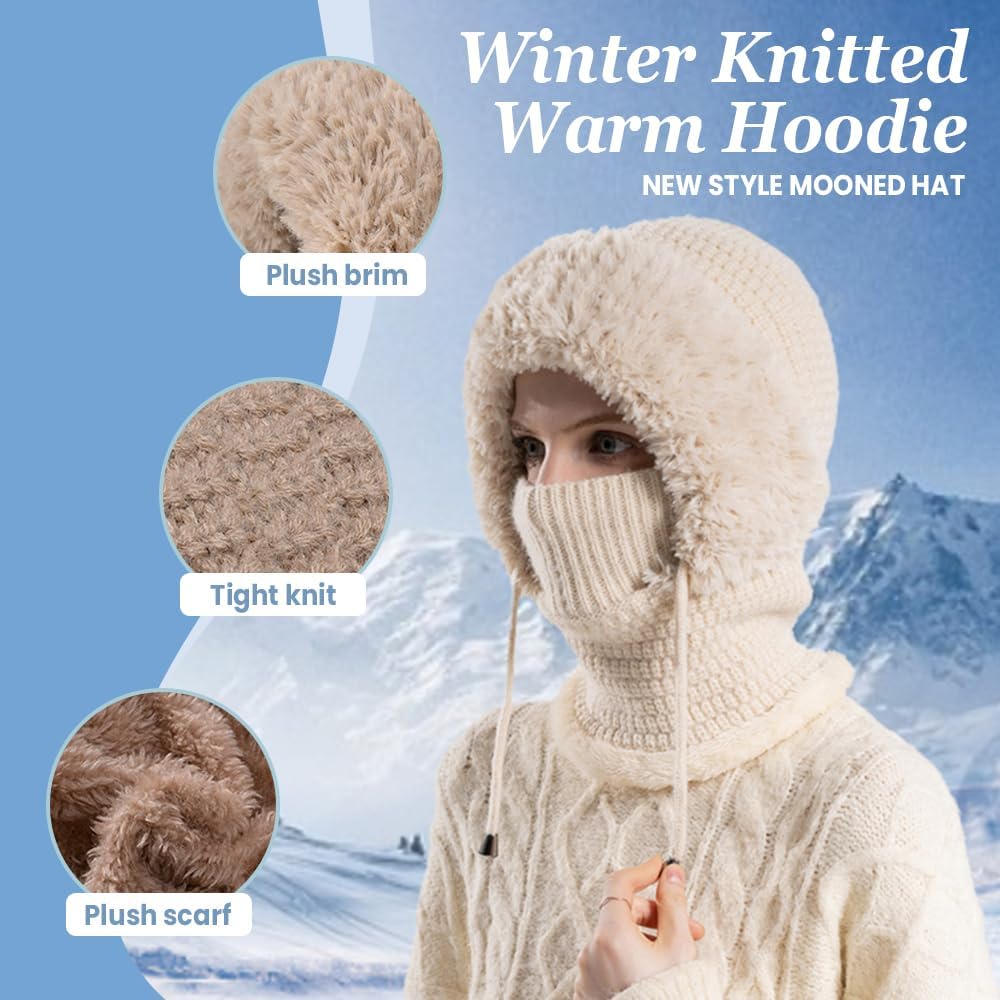 3 in 1 Beanie Hat with Scarf and Mask,Womens Knit Beanie Hat Fleece Lined Winter Scarf Mask Set Snow Caps