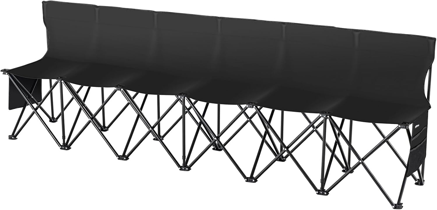 VEVOR Portable Folding B ench, 6 Seats Foldable Sideline B ench, Outdoor Camping Bench Chair with Carry Bag & Backrest, Team Sport Sideline B ench, No Assembly Instant Seating, Black