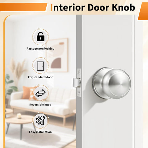 Probrico Interior Closet Door Knob, Brushed Nickel Door Knobs for Interior Doors, Hallway Passage Door Knob with Round Ball Knob, 3 Pack