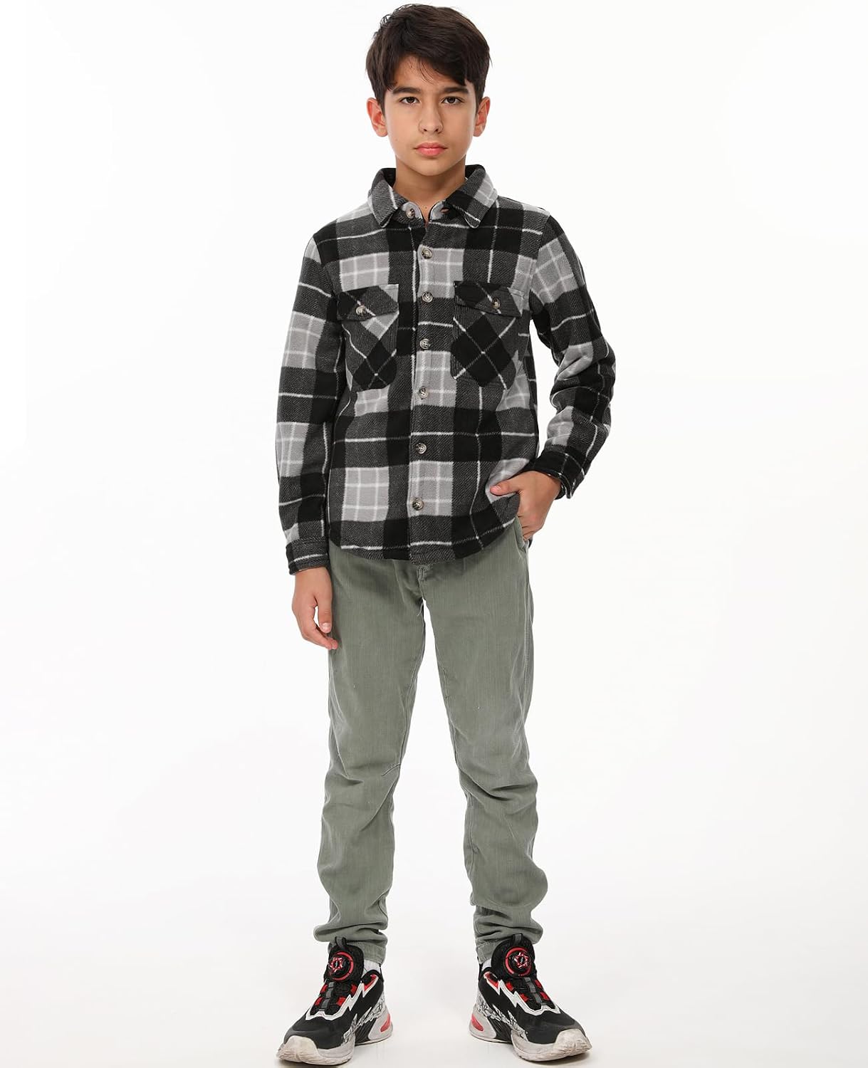 ThCreasa Boys Sherpa Lined Plaid Button Shirt Jacket