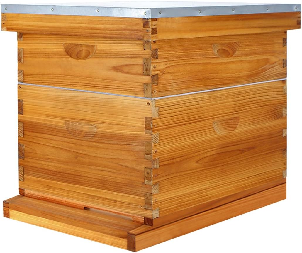 10 Frame Langstroth Beehive Kit Dipped in Heavy Beeswax Bee Hives with 1 Deep Bee Box and 1 Medium Bee Hive Box with Frame and Foundation(Unassembled)