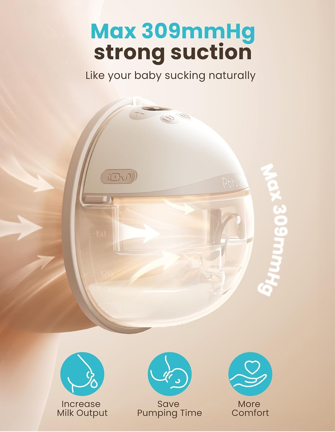 Paruu P16 Pro Wearable Breast Pump, Hands-Free Electric Breast Pump with 160min Battery & Night Light, 4 Modes & 12 Levels, 309mmHg Suction, 24mm Flange, Storage Bag & Dust Cover, 2 Pack (Champagne)