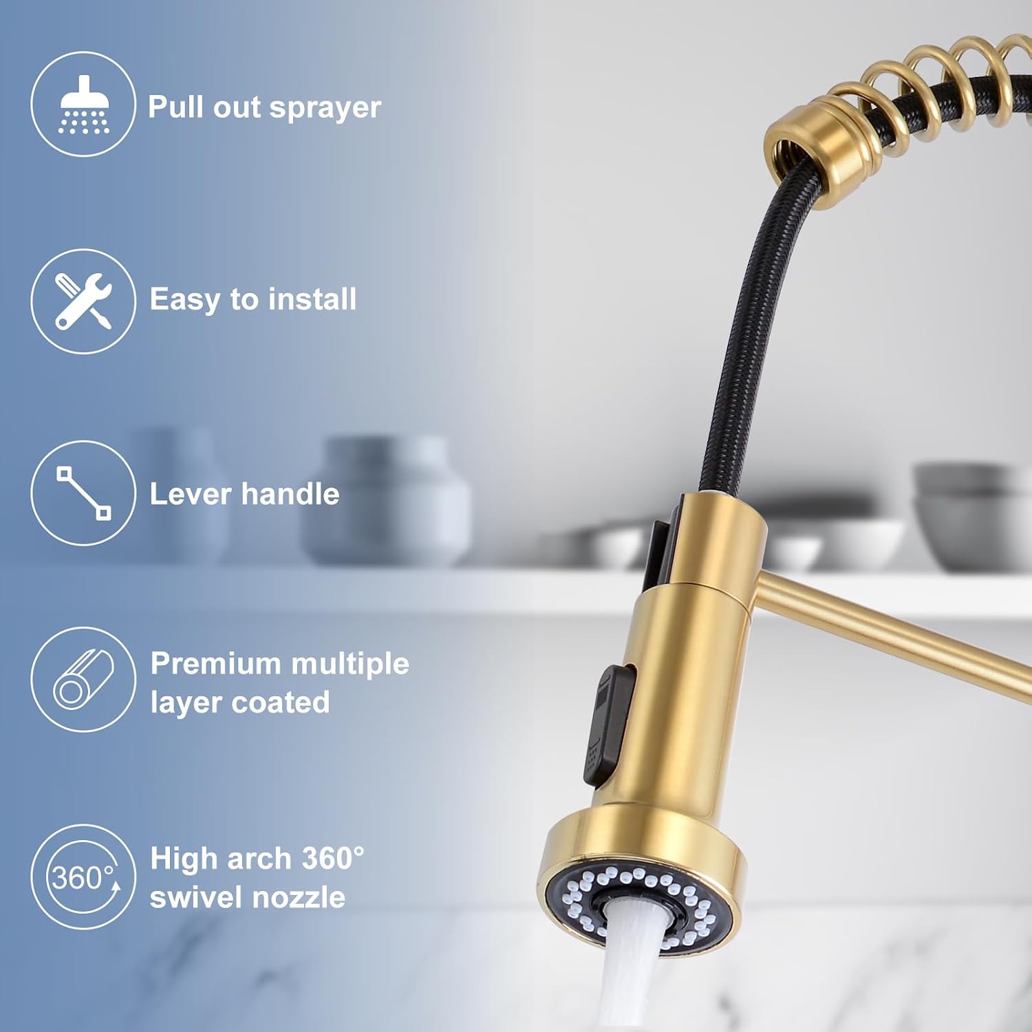DJS Kitchen Sink Faucet with Pull Down Sprayer Single Handle Brushed Gold