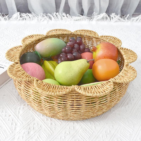 Scalloped basket,Scalloped Edge Round Serving Tray,Round Wicker Basket with handles,Hand Woven Imitation Rattan Basket,round woven tray for Coffee Table,Bathroom,Bedroom Organizing (A)