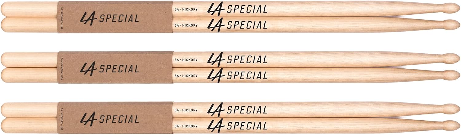 LA Specials Hickory 5A Drum Sticks, Wood Tip, 3-Pair Pack