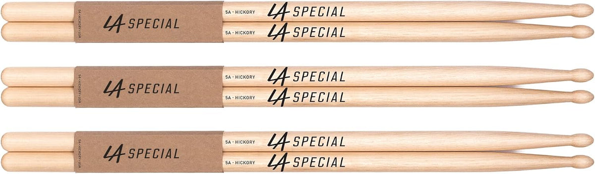 LA Specials Hickory 5A Drum Sticks, Wood Tip, 3-Pair Pack